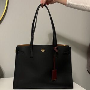 Tory Burch Black Leather Tote with Gold Accents